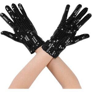 Women's Black Sparkly Sequin Full Finger Sleeves Wrist Gloves Banquet Party Prom